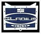 cache radiateur / grille de radiateur inox poli Suzuki 650 SVS Gladius 2009>2015 design « Logo » + grillage anti gravillon bleu